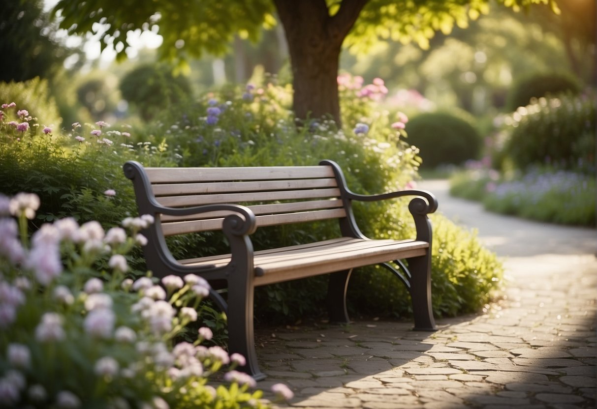 A serene garden with a winding path, blooming flowers, and a peaceful bench under a tree. A book with "eat pray love" quotes rests on the bench