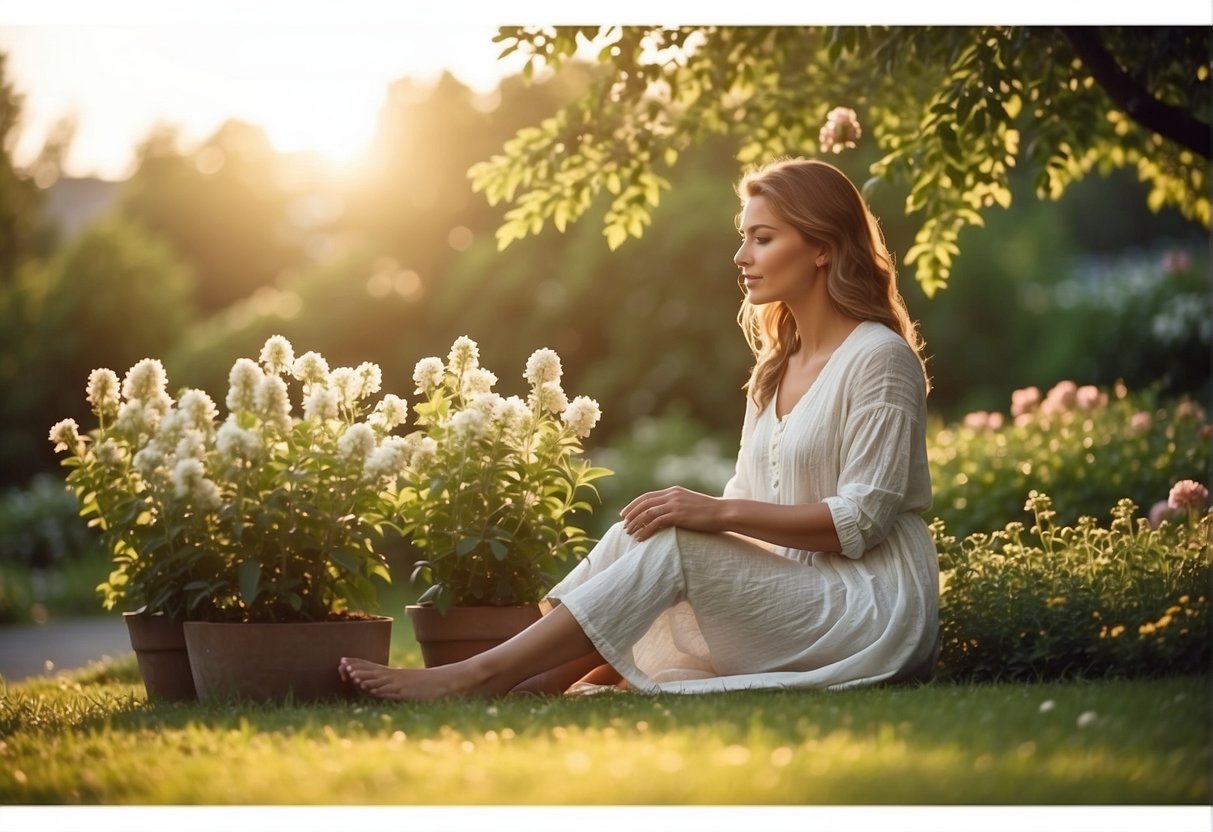 A serene figure sits cross-legged in a tranquil garden, surrounded by blooming flowers and lush greenery. The soft glow of the setting sun bathes the scene in a warm, peaceful light