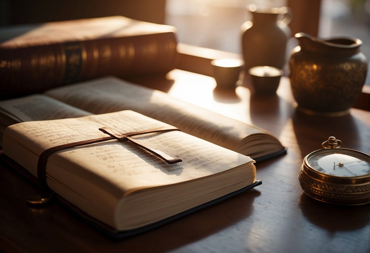 A traveler's journal open on a table, surrounded by souvenirs from different cultures. The sunlight casts warm reflections on the pages