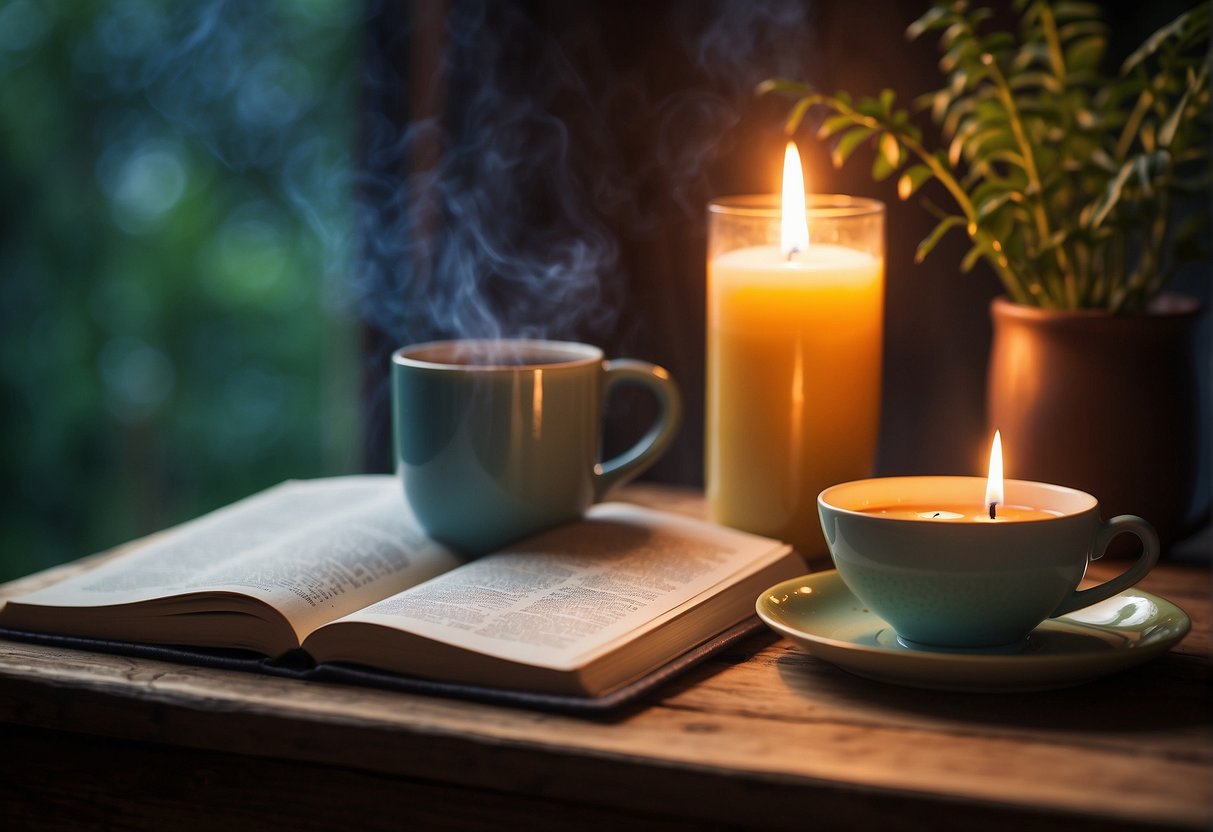 A table with a worn journal, a steaming cup of tea, and a flickering candle, set against a backdrop of vibrant colors and serene surroundings