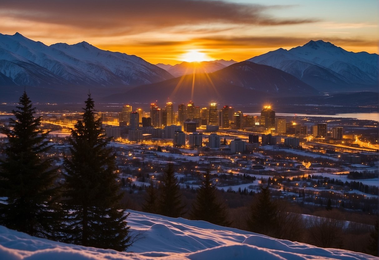 The golden sun sets behind snow-capped mountains, casting a warm glow over Anchorage. The city's lights begin to twinkle as the sky turns a deep shade of blue, creating a picturesque scene of tranquility and beauty