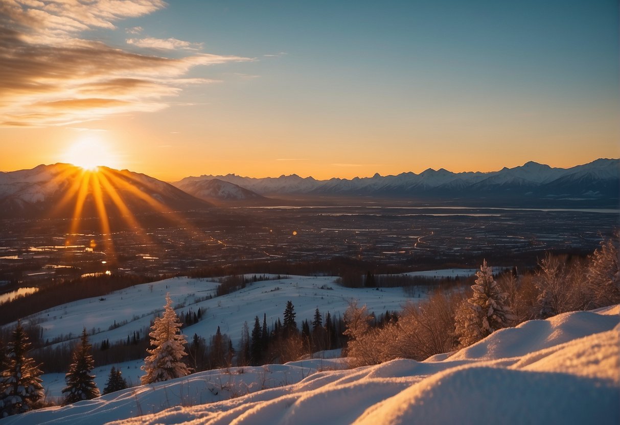 The sun sets behind the snow-capped mountains, casting a warm glow over the city of Anchorage. The sky is clear, and the air is crisp, creating a perfect atmosphere for outdoor activities