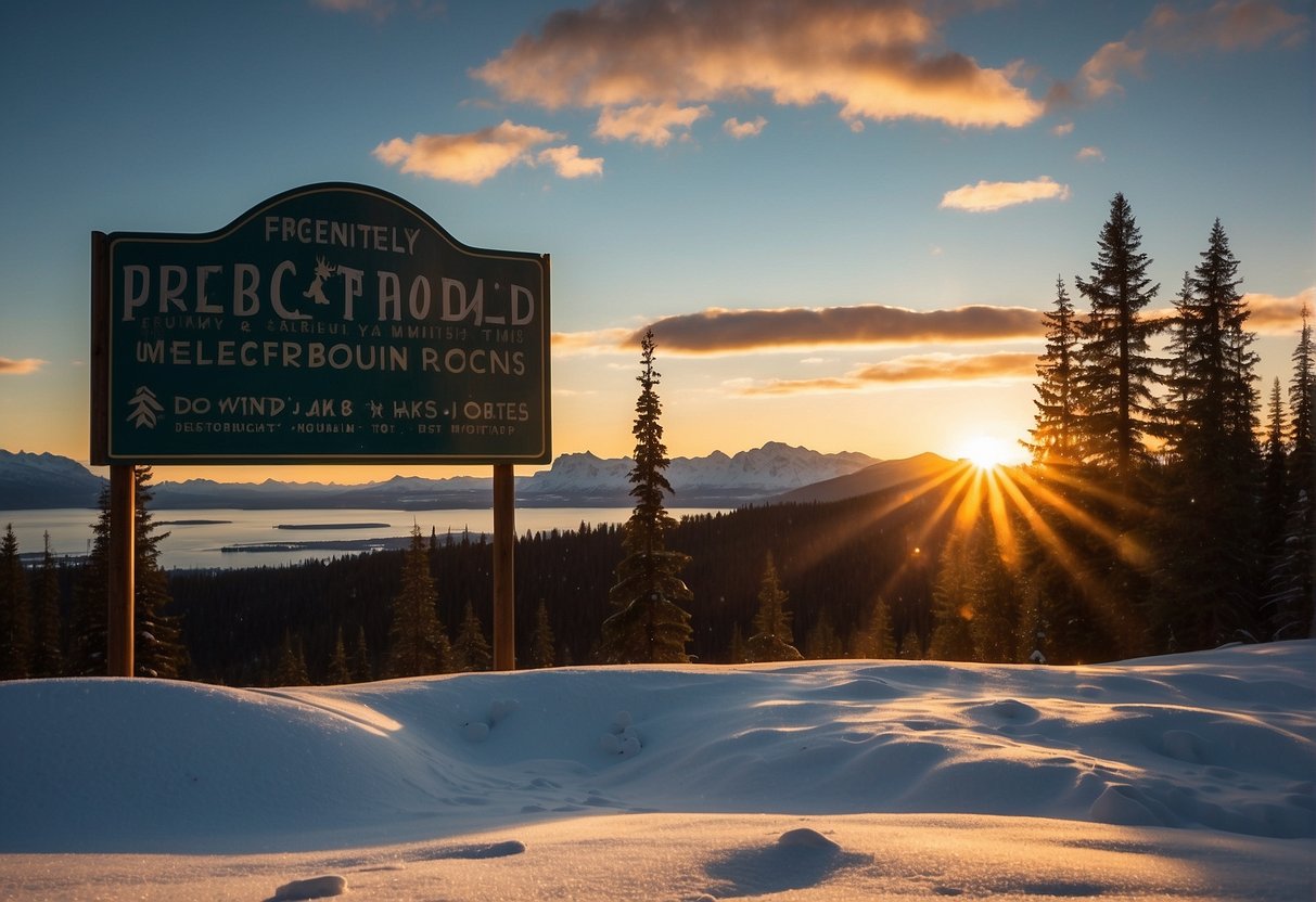 The sun sets over snow-capped mountains as a moose grazes near a sign reading "Frequently Asked Questions: Best Time To Visit Anchorage, Alaska."
