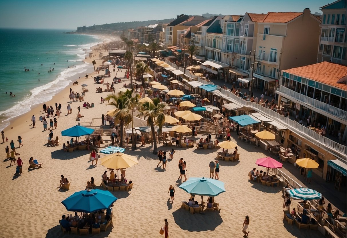 The scene shows a beach with waves crashing, a boardwalk with shops and restaurants, and people enjoying outdoor activities. The sky is clear and the sun is shining, creating a vibrant and lively atmosphere