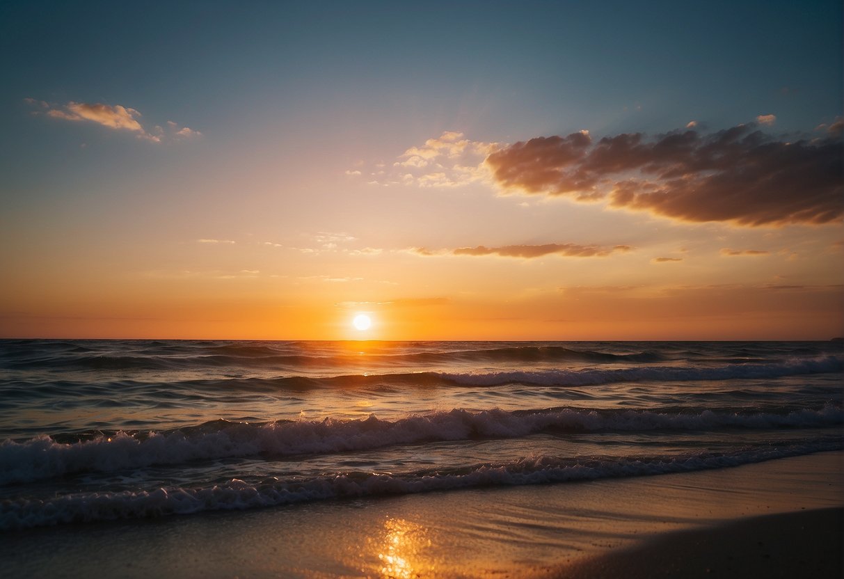 Sunset over calm ocean waves, with a colorful sky and a sandy beach in the background