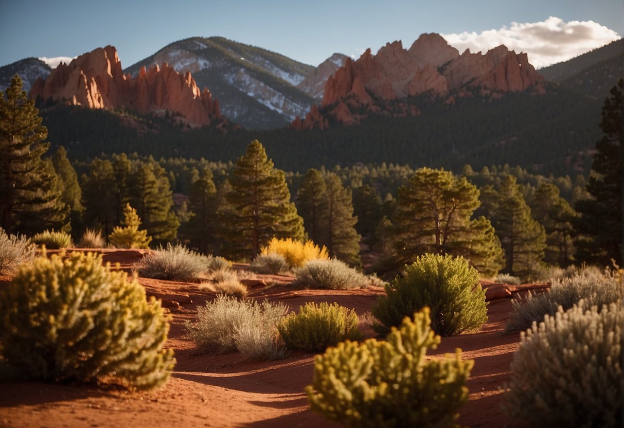 Sunshine illuminates Pikes Peak, casting a warm glow over the vibrant red rock formations of Garden of the Gods. A gentle breeze rustles through the pine trees, as hikers and bikers explore the scenic trails