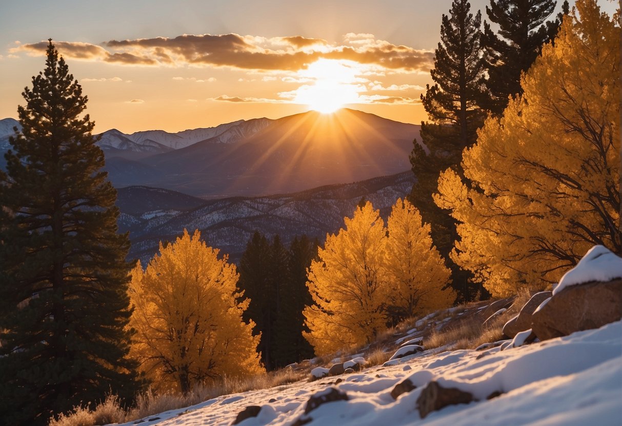 The sun sets behind Pikes Peak, casting a warm glow over the vibrant autumn foliage and snow-capped mountains in Colorado Springs