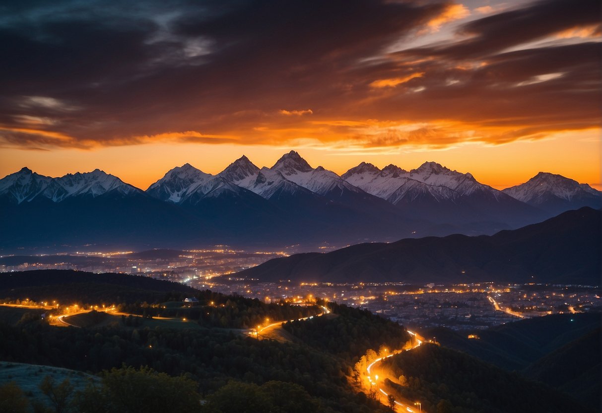 The sun sets over the majestic mountains, casting a warm glow on the vibrant city below. Festivals and outdoor activities fill the streets, while hikers and bikers explore the scenic trails