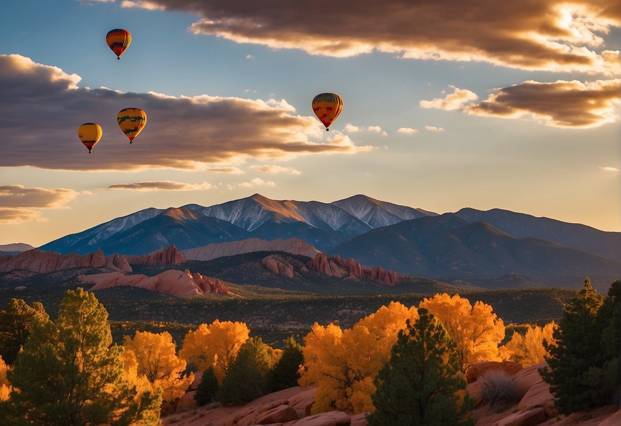 Sunset over Pikes Peak, with colorful foliage and clear blue skies. Tourists explore Garden of the Gods as hot air balloons float in the distance