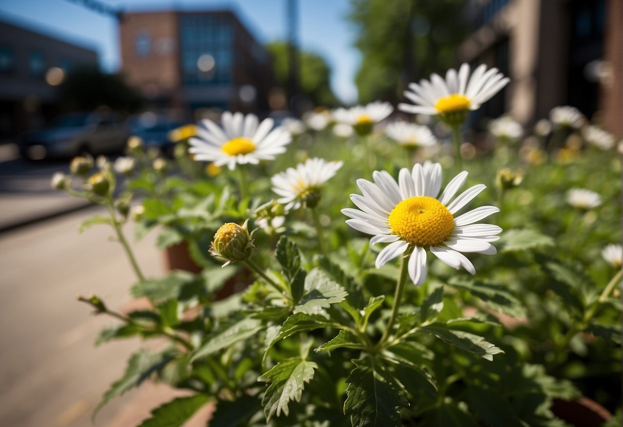 Sunny day in Memphis, blooming flowers, clear blue skies, and warm temperatures. Vibrant greenery and bustling streets, perfect for outdoor activities
