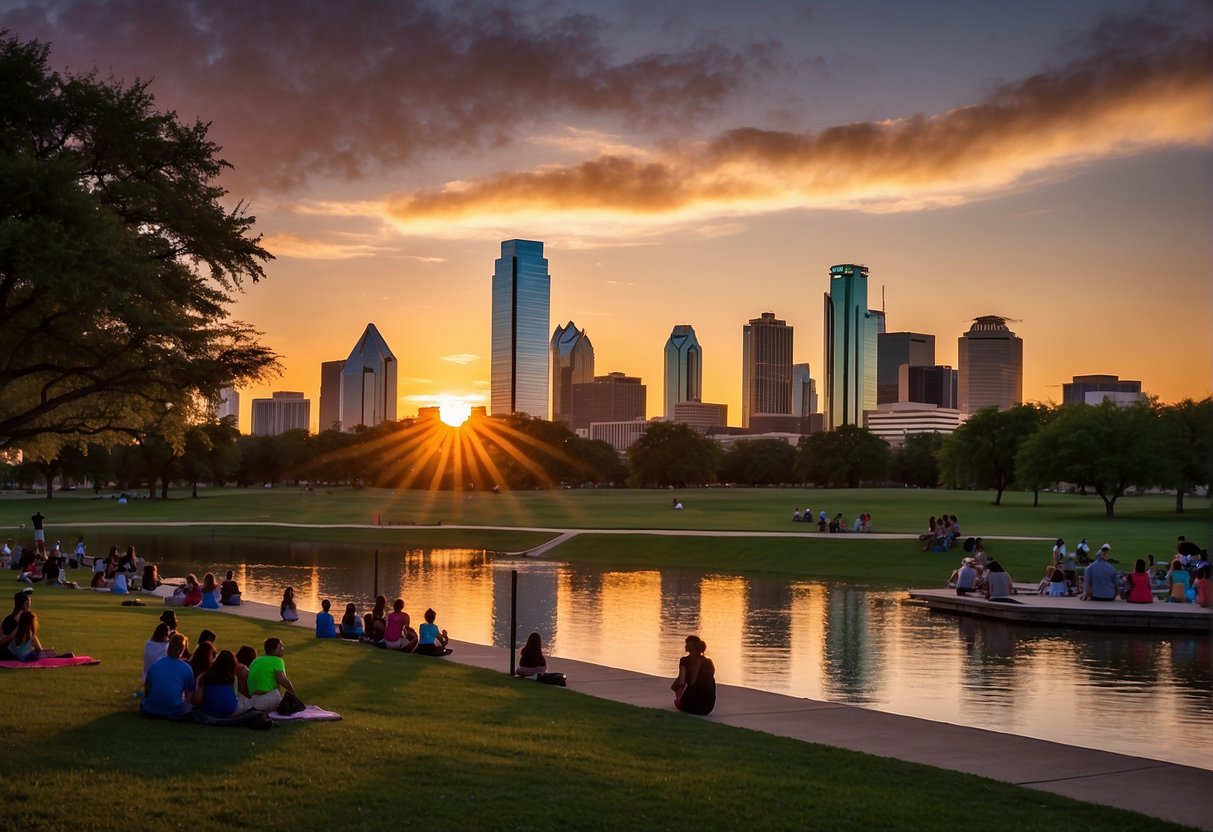 Sunset over Dallas skyline with vibrant colors. People enjoying outdoor activities in parks and along the river. Temperature is comfortable, and the atmosphere is lively