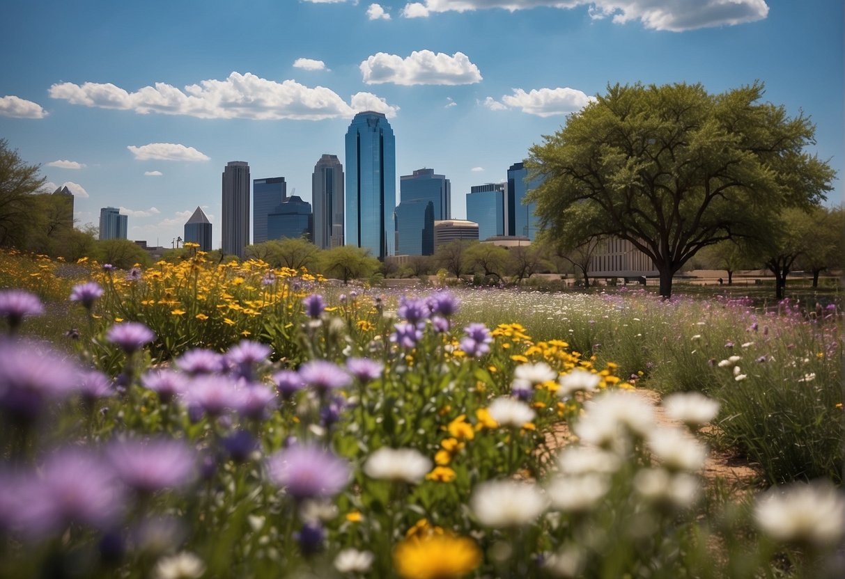 Sunny skies over Dallas in spring, with blooming flowers and mild temperatures. Ideal time to visit for outdoor activities