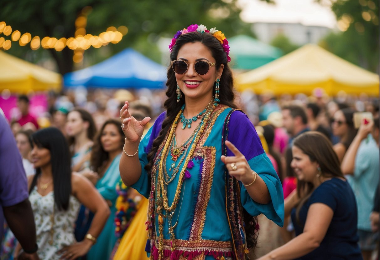 A vibrant festival in Dallas with colorful decorations and diverse attendees enjoying cultural performances and activities. Considerations for cost and timing are evident in the bustling scene
