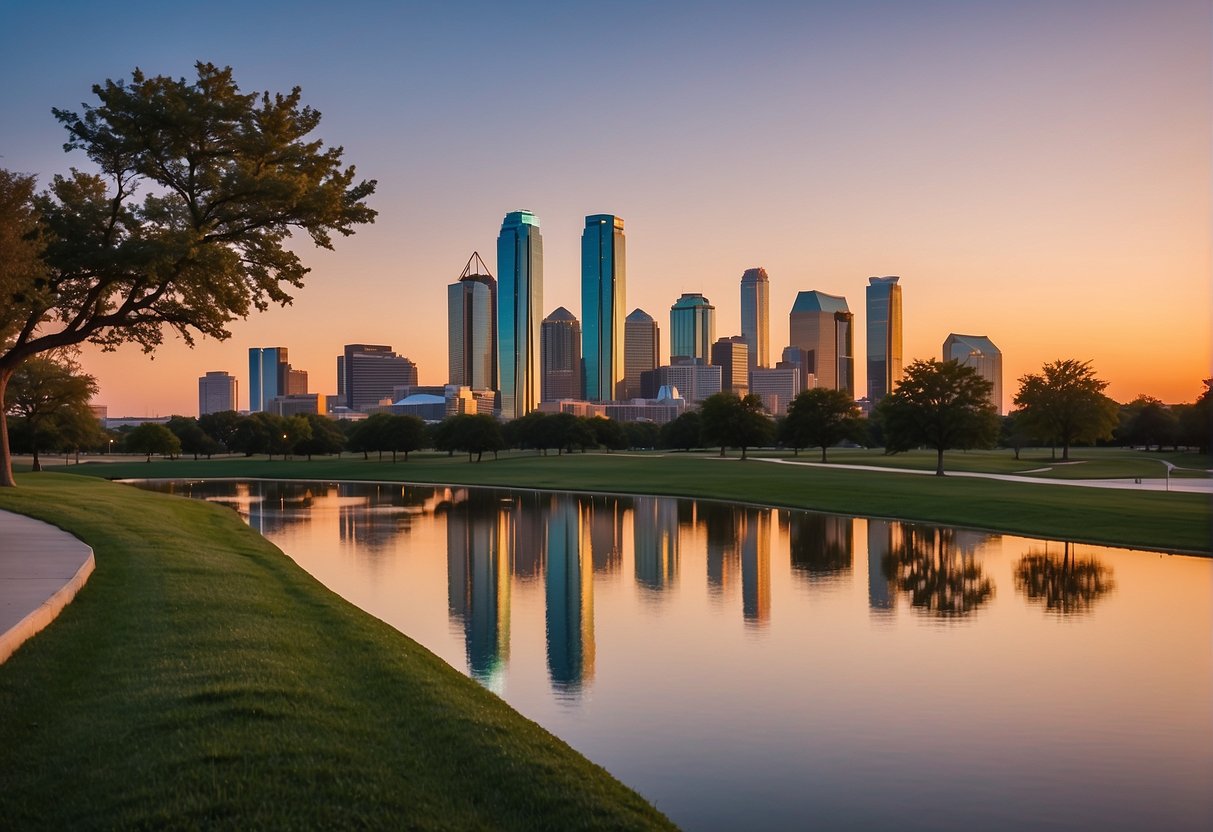 Sunrise over Dallas skyline with clear blue skies and a few scattered clouds. Tourist attractions like the Reunion Tower and Dallas Arboretum visible