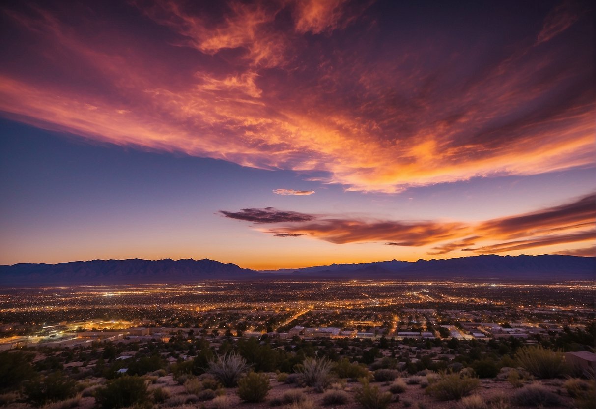 The sun sets behind the Sandia Mountains, casting a warm glow over the city of Albuquerque. The sky is painted with vibrant hues of pink, orange, and purple, creating a stunning backdrop for the city's unique architecture