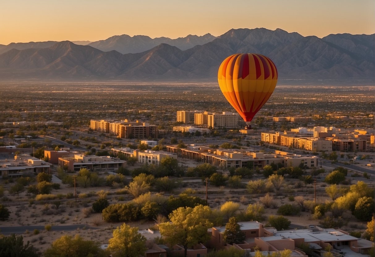 The sun sets behind the Sandia Mountains as a hot air balloon floats above the Albuquerque skyline, with colorful adobe buildings below