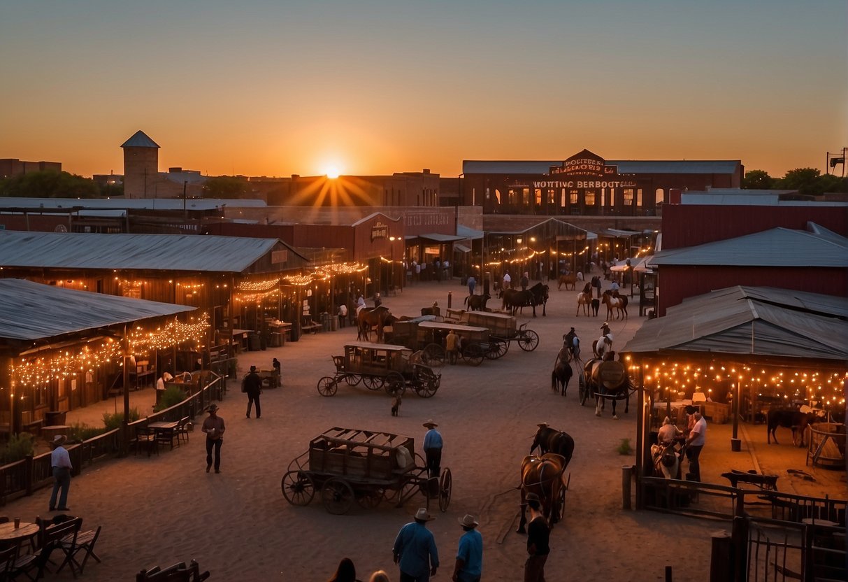 The sun sets over the historic Fort Worth Stockyards, casting a warm glow on the rustic buildings and bustling streets. The sound of cattle and the smell of barbecue fill the air, creating a lively and authentic western atmosphere