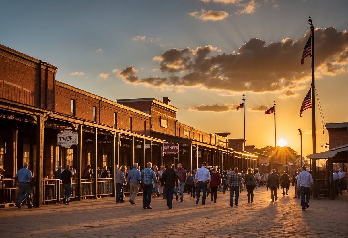 Visitors stroll through the historic Fort Worth Stockyards, taking in the bustling atmosphere and iconic western architecture. The sun sets behind the iconic cattle pens, casting a warm glow over the lively scene