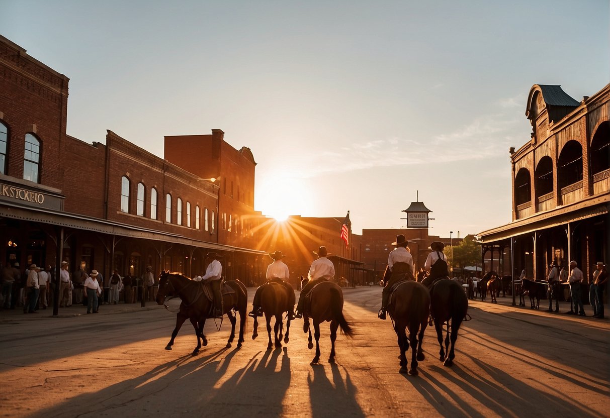 The sun sets behind the iconic Fort Worth Stockyards, casting a warm glow over the historic buildings and bustling streets. Visitors enjoy the lively atmosphere, taking in the sights and sounds of the Old West