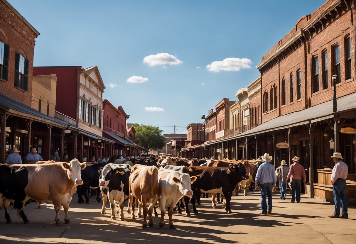 The bustling Fort Worth Stockyards, with its iconic wooden corrals and historic buildings, under a clear blue sky, bustling with visitors and the sound of cattle