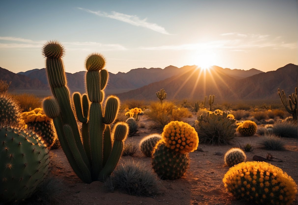 The sun sets behind the rugged mountains, casting a warm glow over the sprawling desert landscape. Cacti and wildflowers dot the arid terrain, as the sky transitions from vibrant orange to deep purple