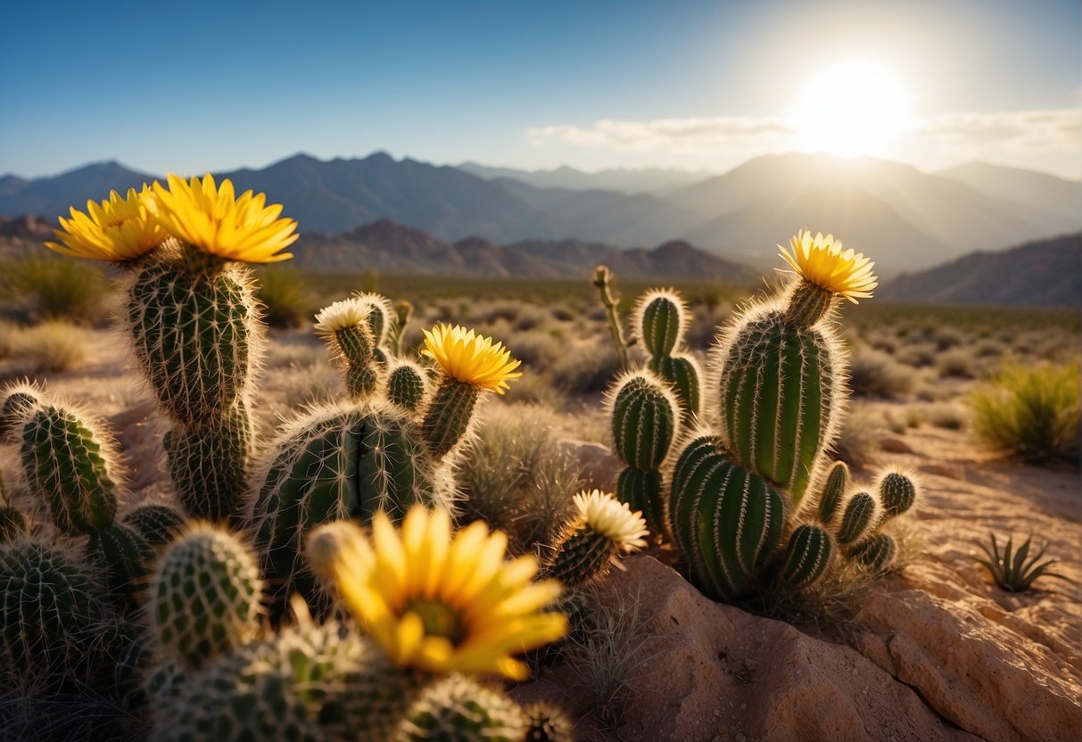 The sun shines brightly over the desert landscape, with cacti and vibrant wildflowers in bloom. The sky is a brilliant blue, and the mountains in the distance provide a stunning backdrop