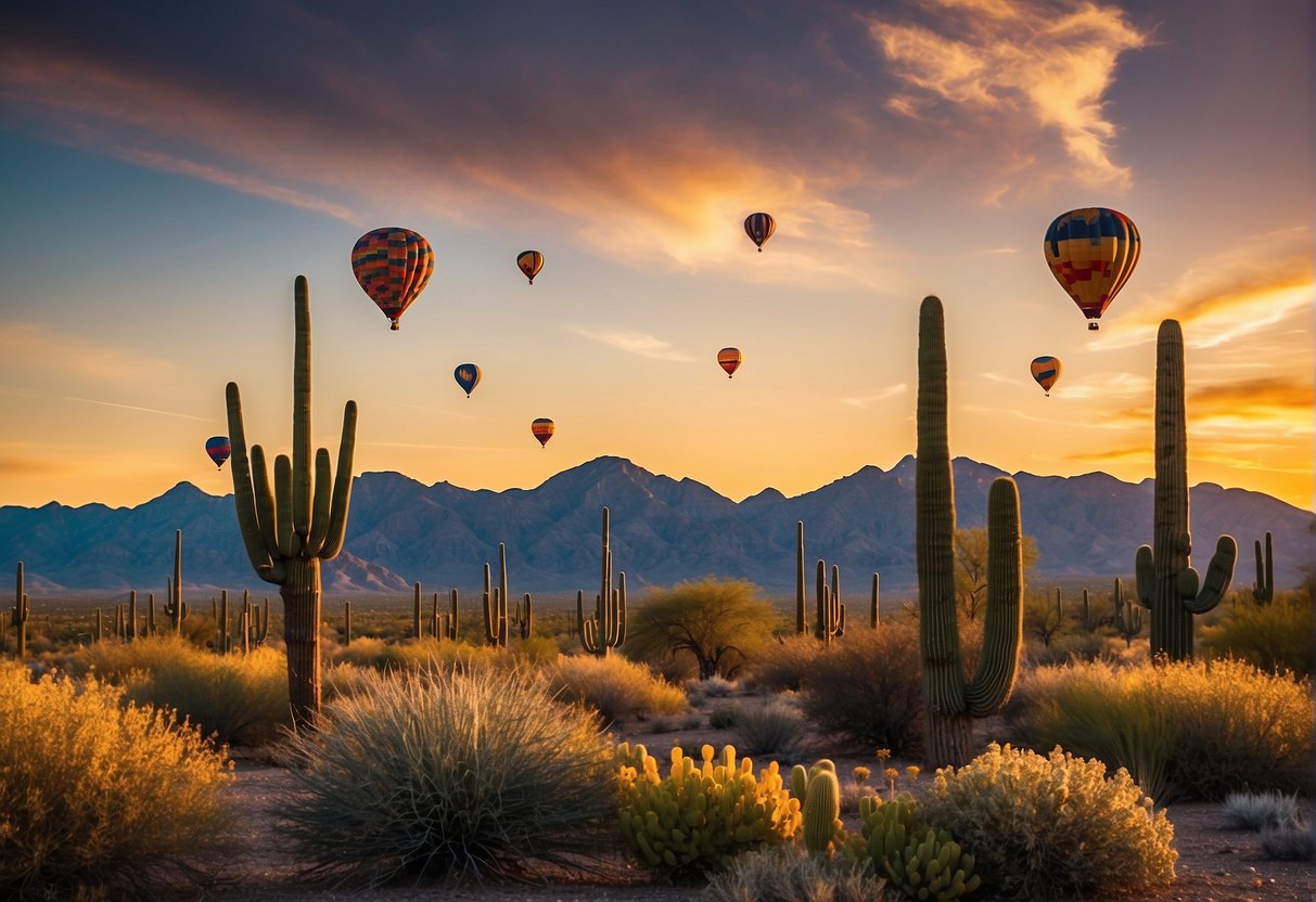 The sun sets behind the towering saguaro cacti as a colorful array of hot air balloons float gently across the desert landscape, showcasing the beauty of Tucson