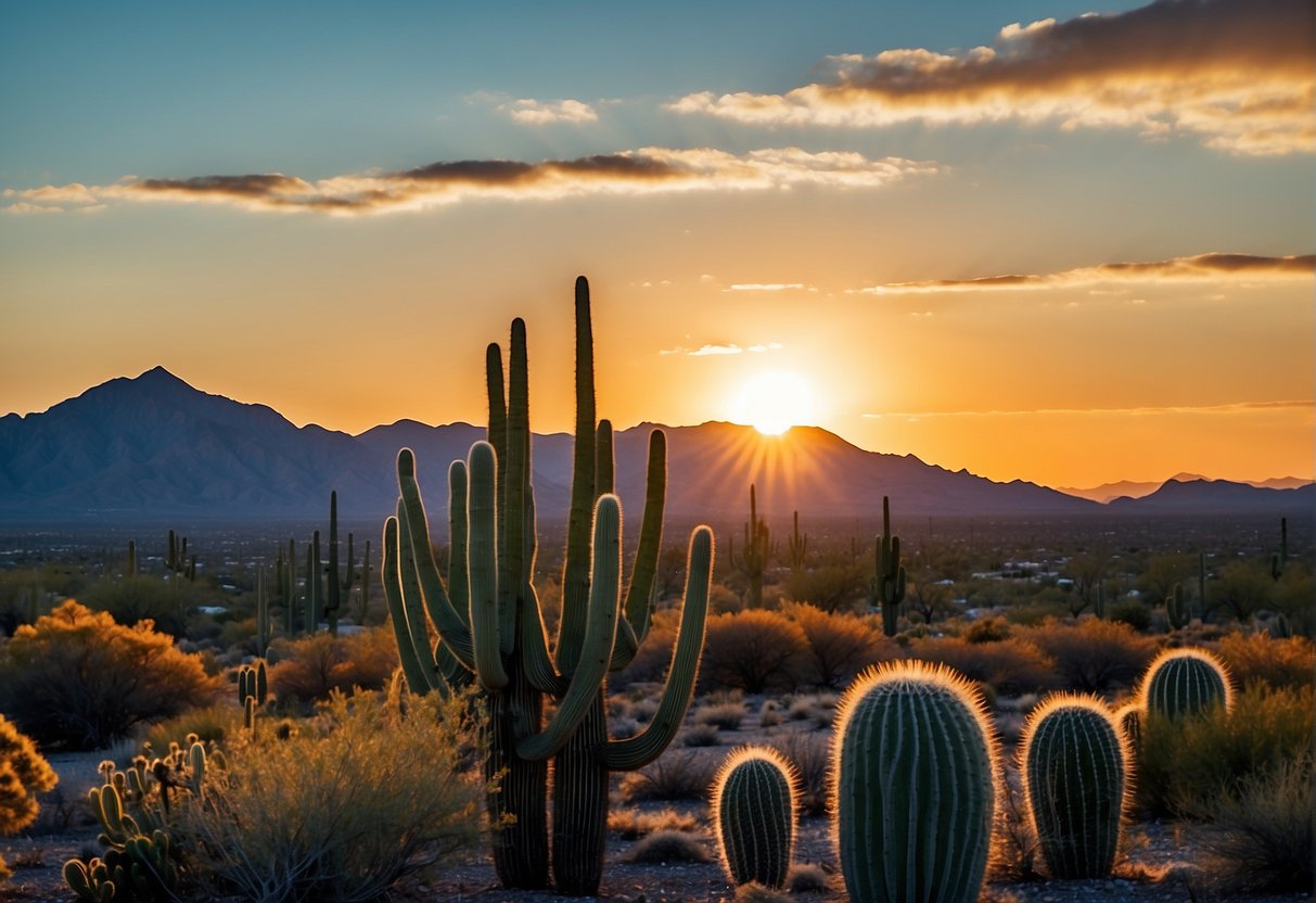 The sun sets behind the desert mountains, casting a warm glow over the city of Tucson. Cacti and other desert plants dot the landscape, as the clear blue sky stretches out above