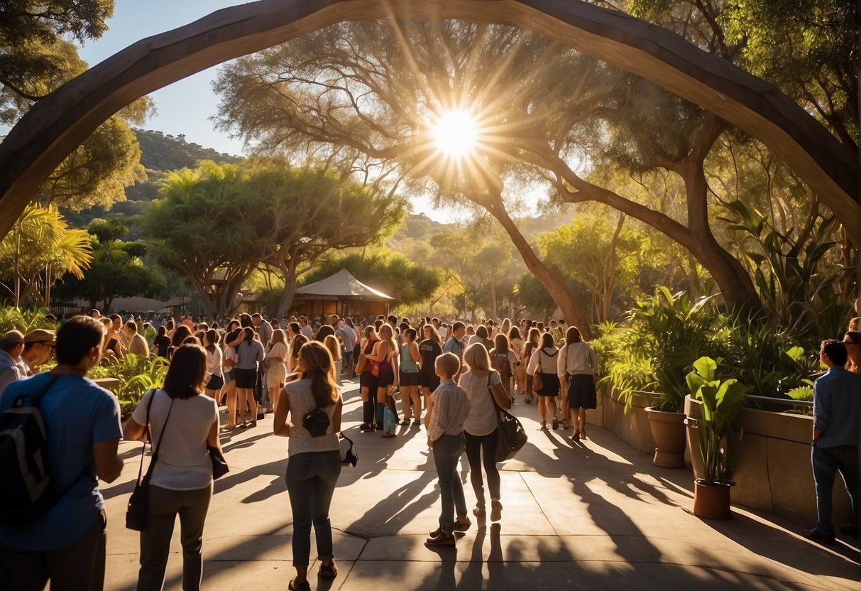 Visitors gather at San Diego Zoo entrance, surrounded by lush greenery and colorful signage. The sun shines overhead, casting a warm glow on the excited crowd