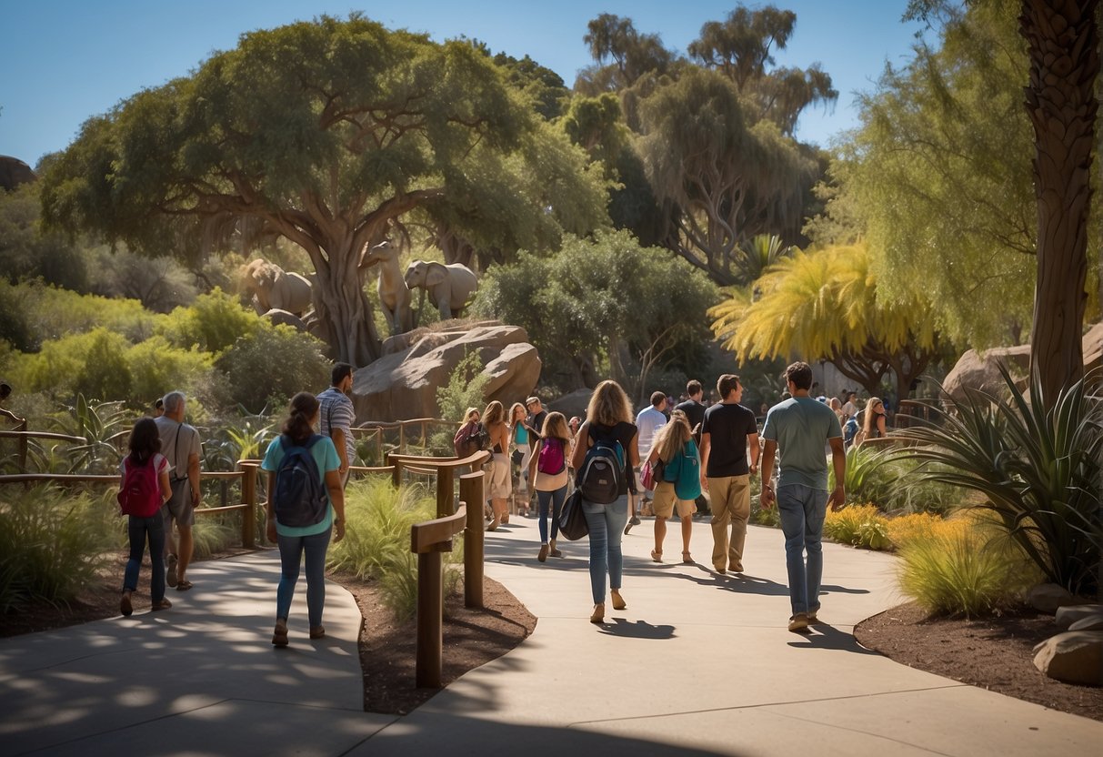 Visitors stroll among vibrant animal habitats, capturing the lively atmosphere of the San Diego Zoo at its peak