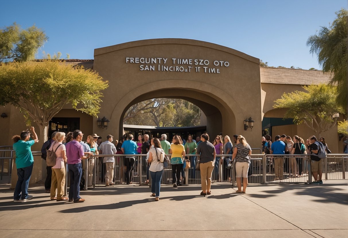 Visitors line up outside San Diego Zoo entrance, under a bright sunny sky. A sign reads "Frequently Asked Questions: Best Time To Visit."
