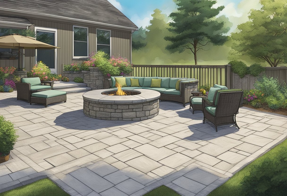 A stamped concrete patio contrasts with interlocking pavers in a backyard setting