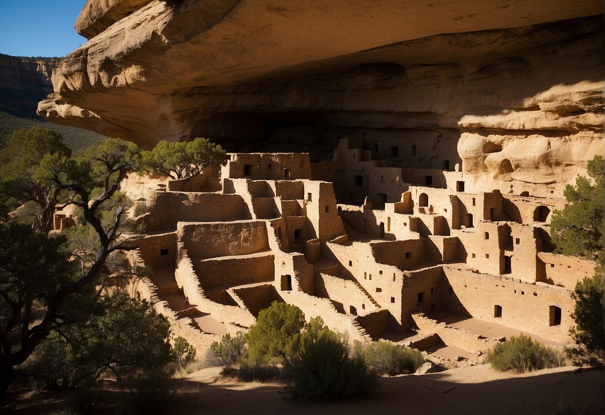 Sunlight bathes the ancient cliff dwellings at Mesa Verde National Park, casting dramatic shadows and highlighting the intricate architecture