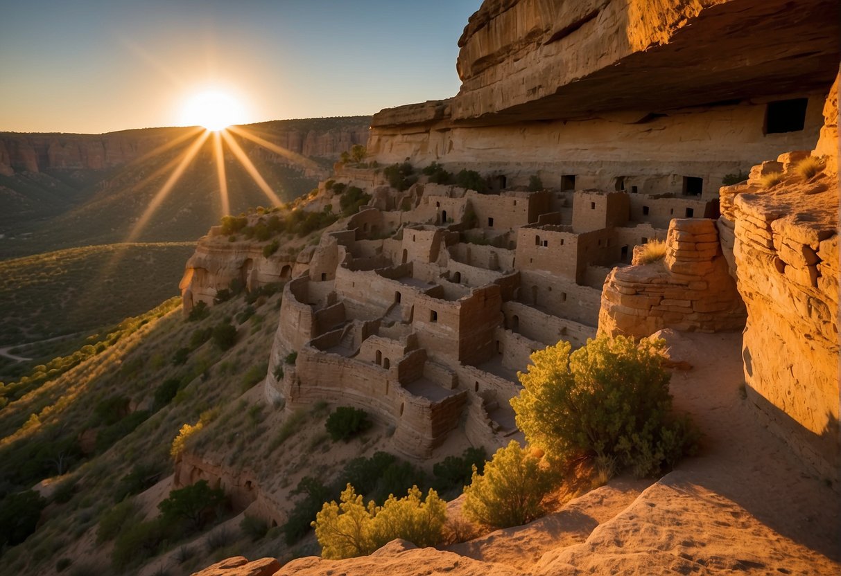 The sun sets behind the ancient cliff dwellings, casting a warm glow over the rugged landscape of Mesa Verde National Park. The shadows lengthen as the day comes to a peaceful end