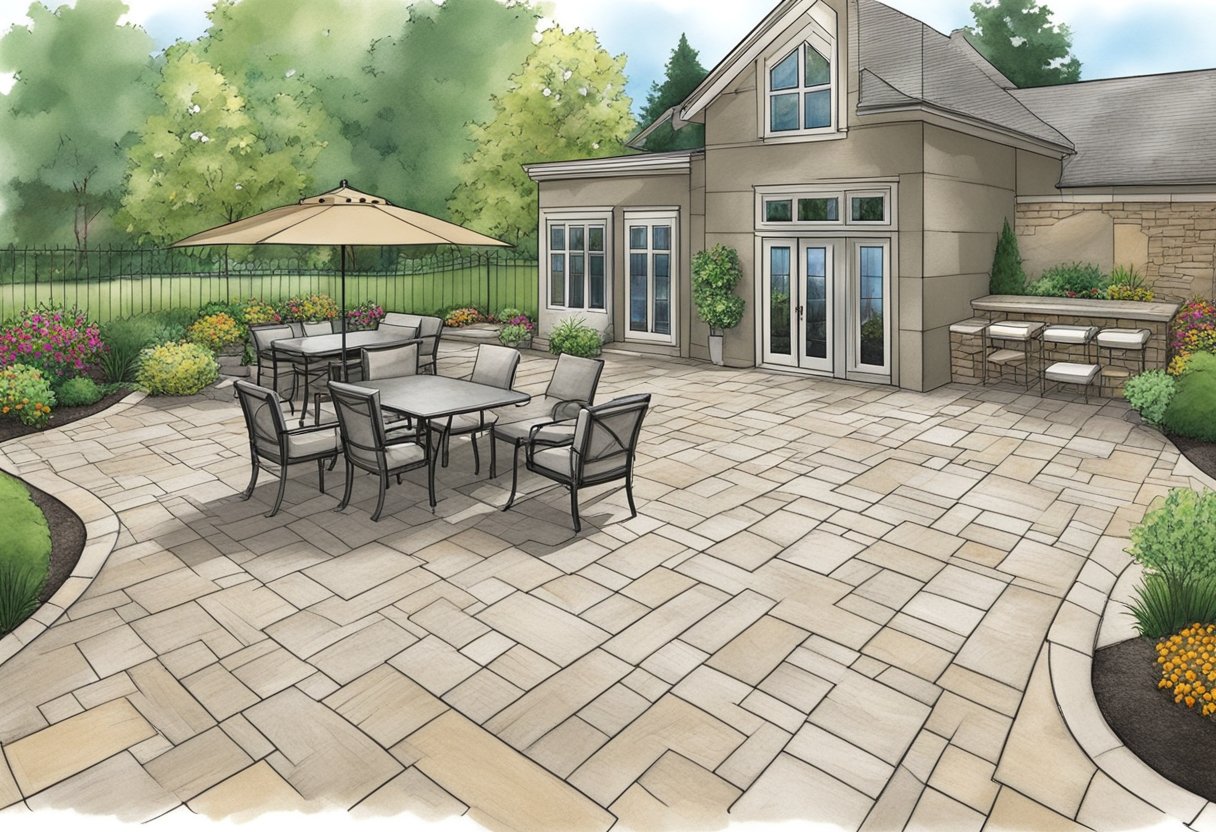 A stamped concrete patio shows minimal wear, while pavers require regular maintenance