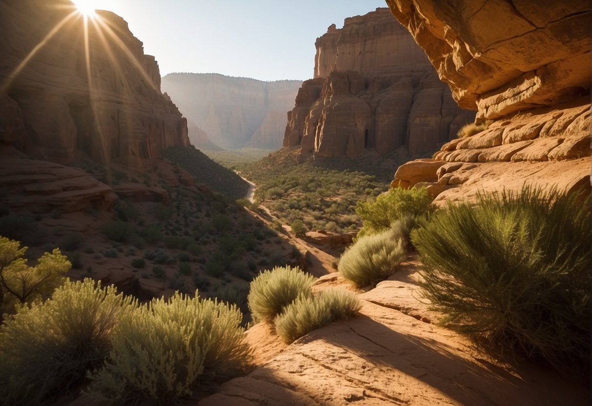 Sunlight filters through ancient cliff dwellings, casting a warm glow on the rugged landscape. Towering sandstone formations stand in contrast to the lush greenery below. A sense of tranquility and wonder permeates the air