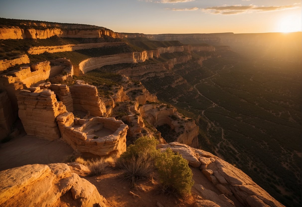 The sun sets over the rugged cliffs of Mesa Verde National Park, casting a warm glow on the ancient cliff dwellings and expansive canyon below