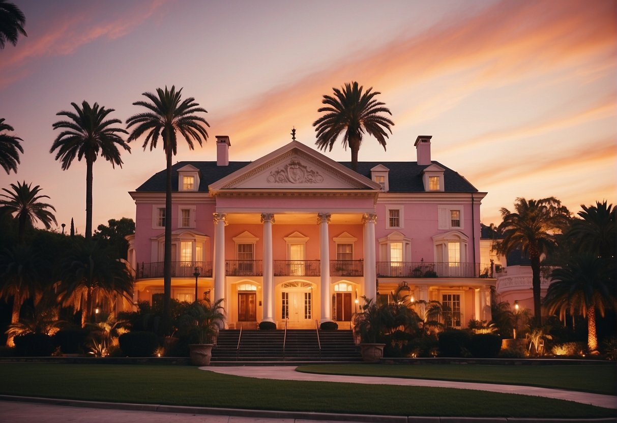 Sunset at Graceland, with pink and orange hues painting the sky. Palm trees swaying in the warm breeze, casting long shadows on the iconic mansion