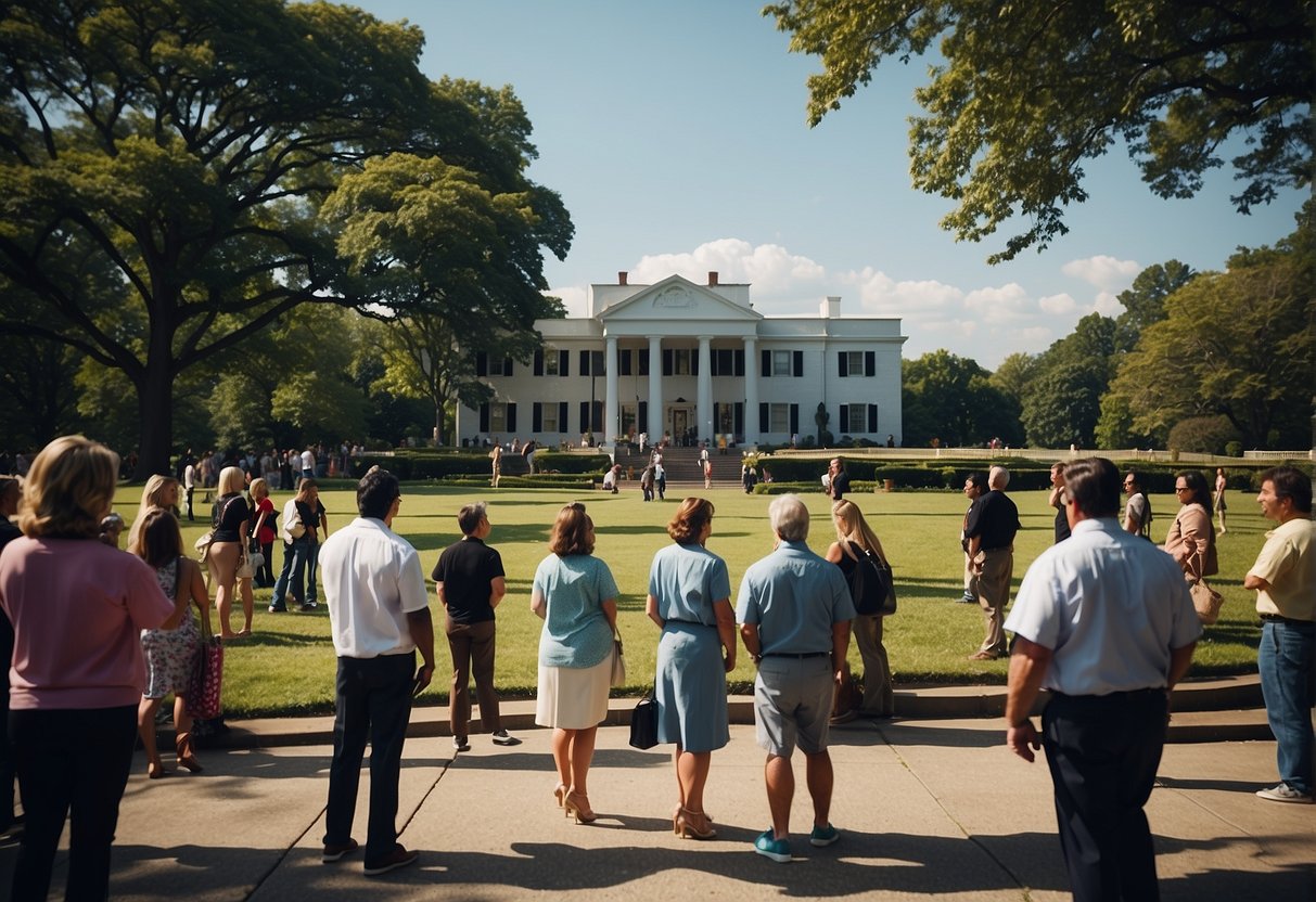 Visitors gather outside Graceland, Memphis, on a sunny day, planning their visit. The sky is clear, and the area is bustling with excitement