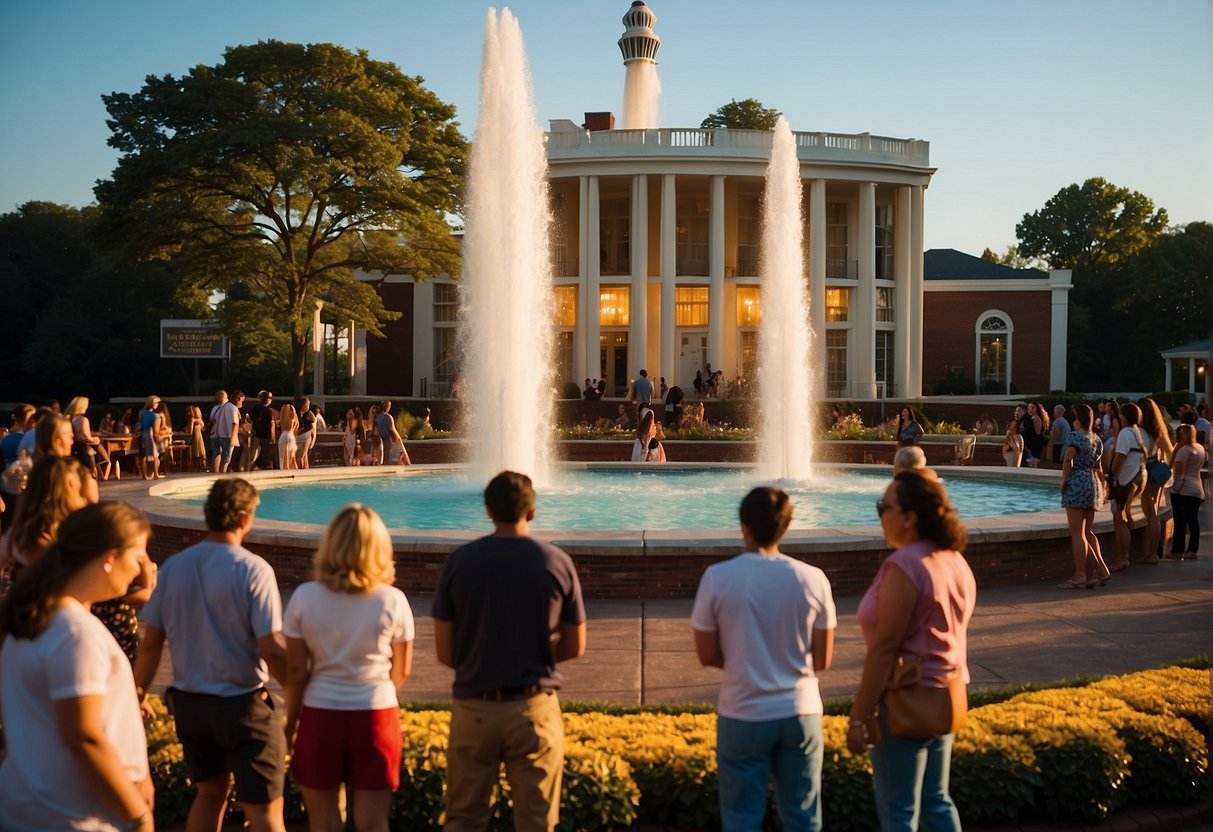 Visitors roam Graceland's vibrant attractions, soaking in the lively atmosphere. The sun sets, casting a warm glow over the iconic Memphis landmark