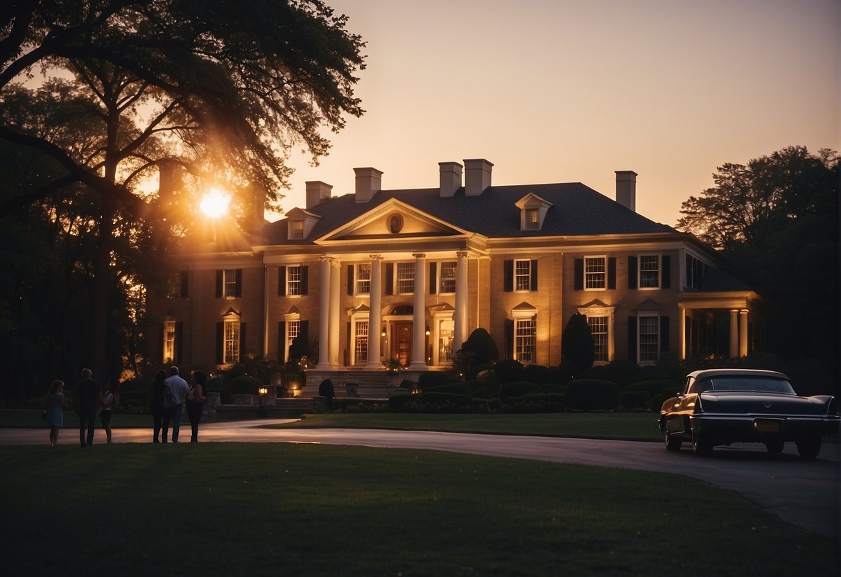The sun sets behind Graceland, casting a warm glow on the iconic mansion. Tourists gather outside, eager to explore the home of the King of Rock 'n' Roll