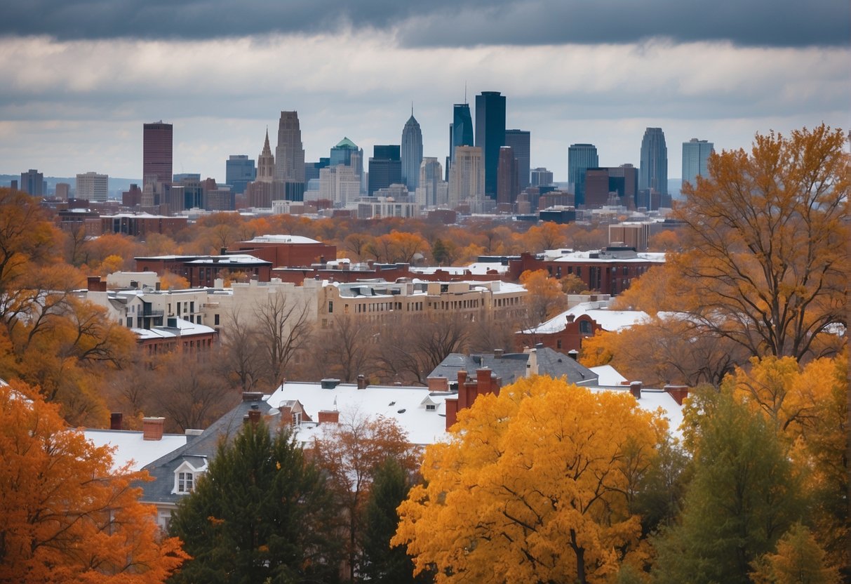 A bustling city skyline with vibrant colors, showcasing the changing seasons from blooming spring flowers to fall foliage, and winter snowfall