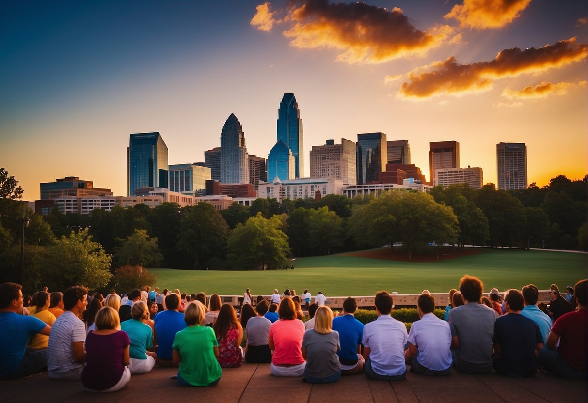 Sunset over Charlotte skyline with vibrant colors. Tourists exploring city landmarks. Locals enjoying outdoor activities. Vibrant atmosphere
