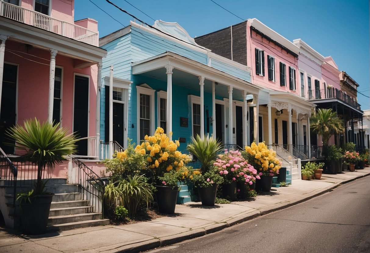 A serene New Orleans street, lined with colorful buildings and blooming flowers, under a clear blue sky with no crowds in sight