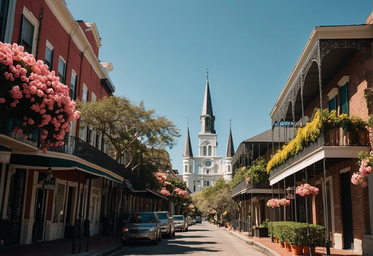 A sunny day in New Orleans, with blooming flowers and clear skies. The streets are quiet, with no crowds in sight. It's the perfect time to visit and enjoy the city without the hustle and bustle