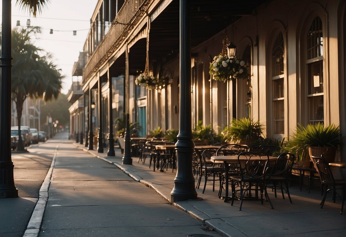 A serene street in New Orleans, with empty sidewalks and quiet cafes, bathed in the soft glow of early morning light