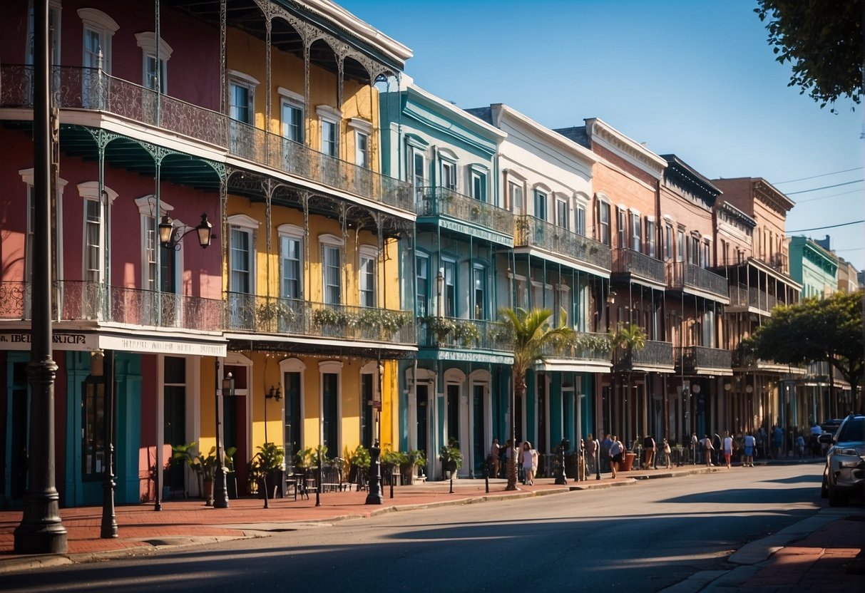 A bustling street in New Orleans, with colorful buildings and a clear blue sky, devoid of large crowds. The atmosphere is relaxed and inviting, perfect for a peaceful visit