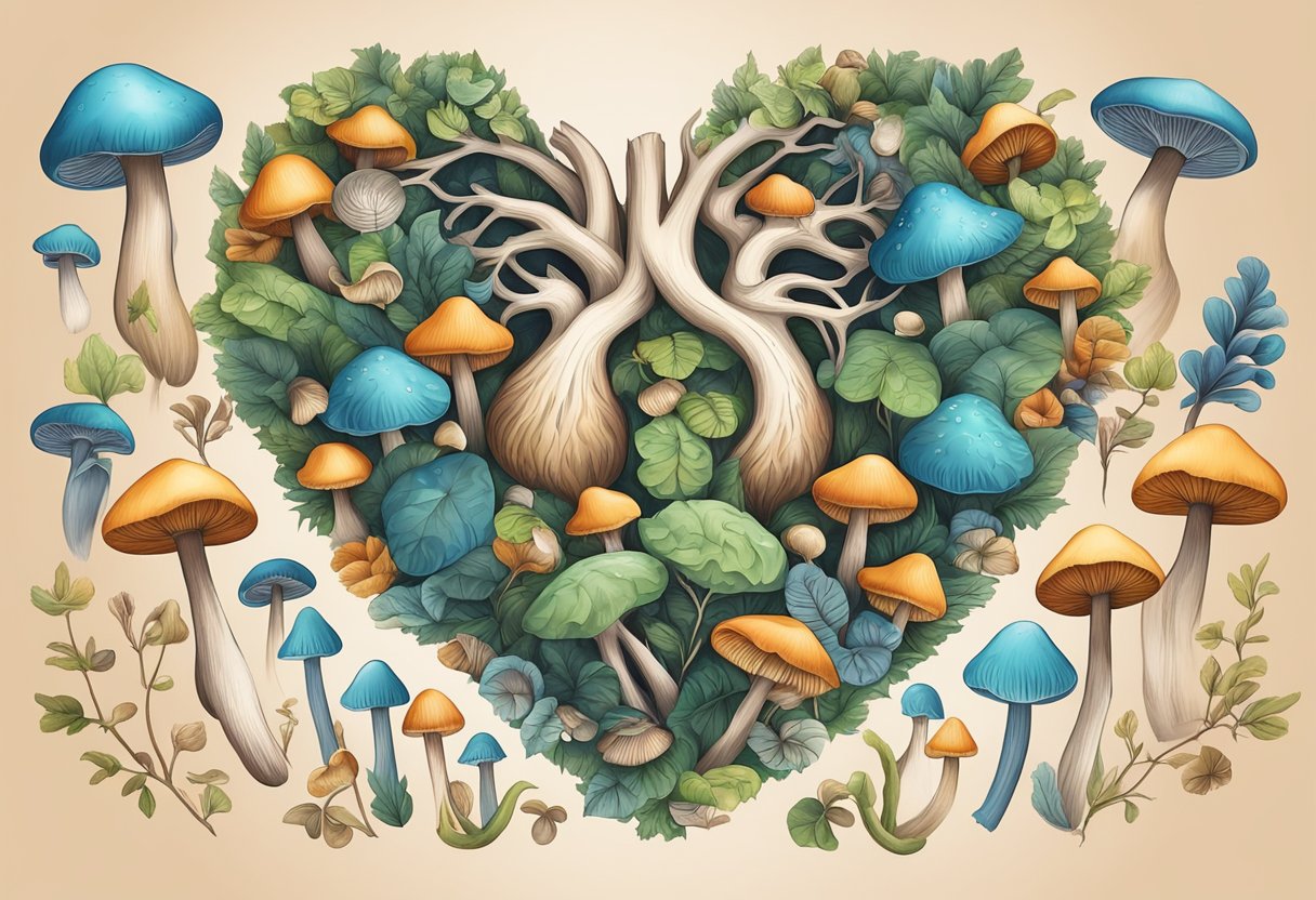 A heart surrounded by mushrooms, symbolizing improved heart health