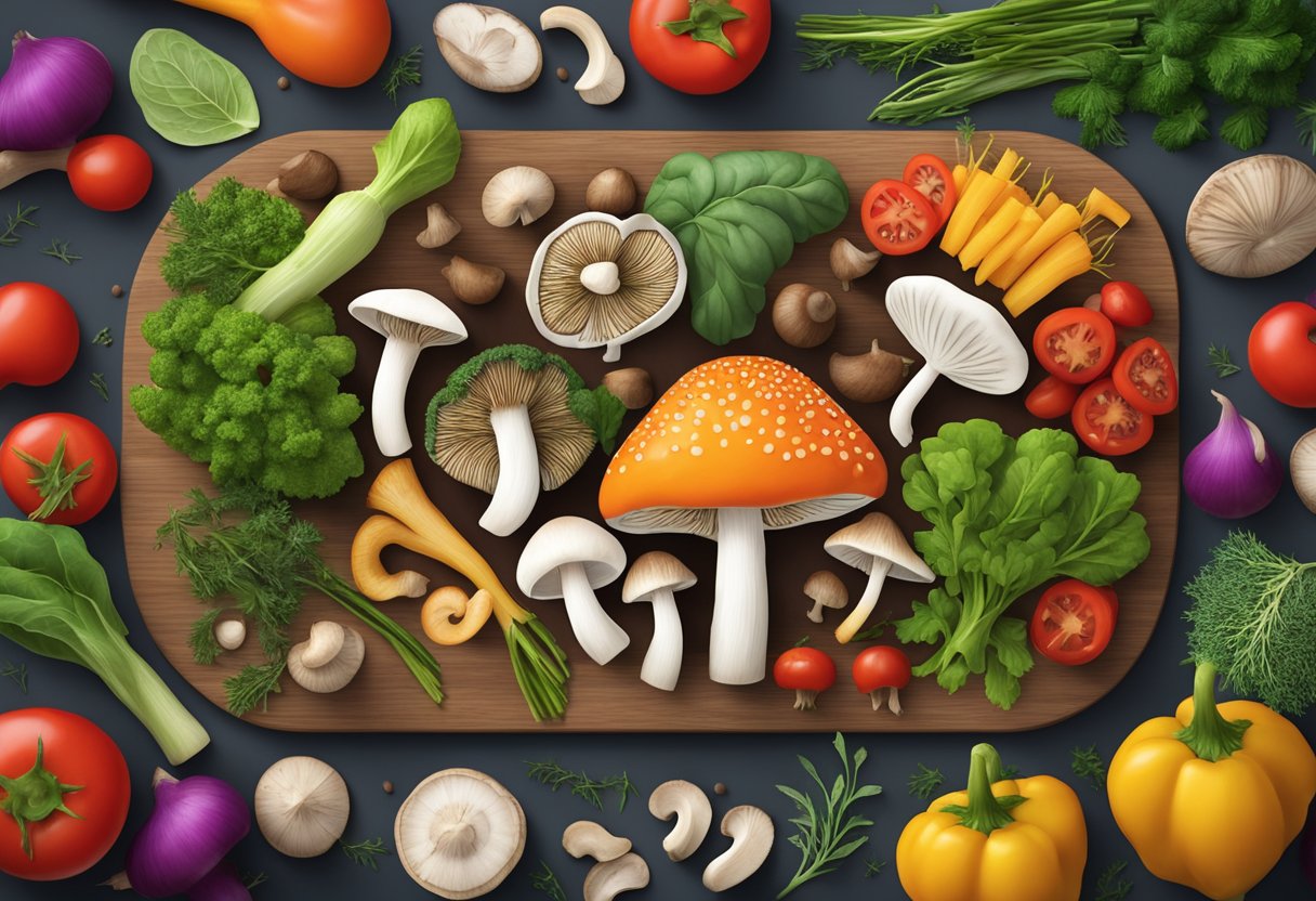 A variety of mushrooms arranged on a cutting board, surrounded by colorful vegetables and herbs. A heart-shaped symbol is placed next to the mushrooms, emphasizing their heart-healthy benefits