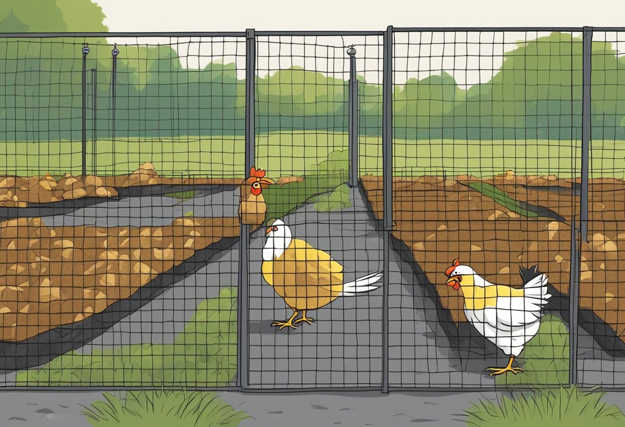 Chickens pecking at mulch beds, surrounded by a barrier of wire fencing or netting. Mulch beds elevated or covered to deter access
